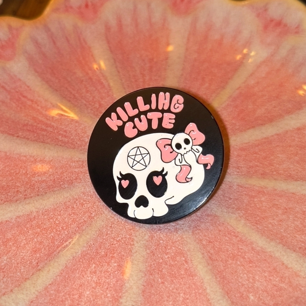 Pink black white feminine skull Killing Cute enamel pin backpack cap clothes bag